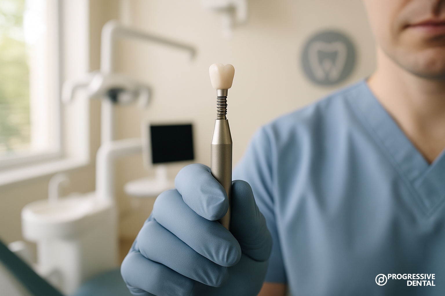 A dental professional in blue scrubs holds an affordable dental implant with a prosthetic tooth in a modern dental clinic. The “Progressive Dental” logo is visible in the lower right corner.