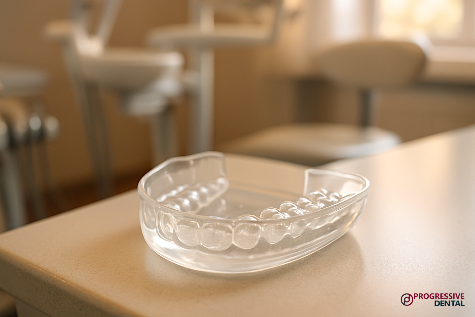 A clear plastic dental aligner tray resting on a table in a dental office offers a glimpse of what to expect during a cosmetic dental consultation, where treatment options like aligners are often discussed to help you achieve your ideal smile.