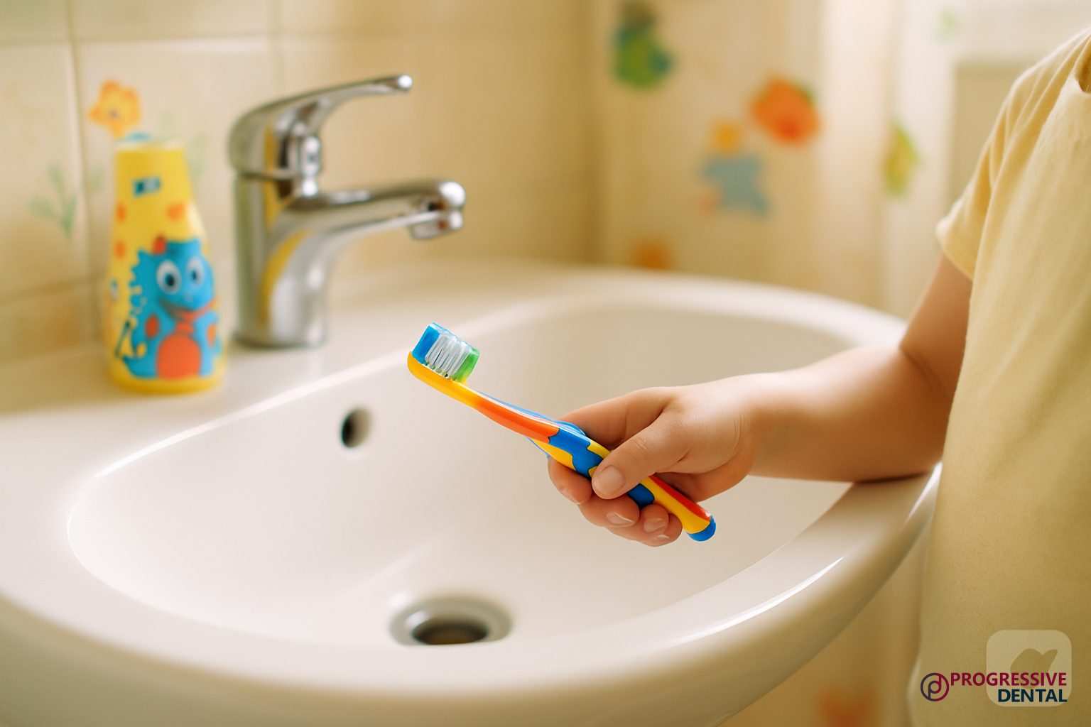 A child holds a colorful toothbrush near a white bathroom sink with a faucet, just like those found in an Oklahoma City children’s dentist office. A cup with an owl design is visible in the background.