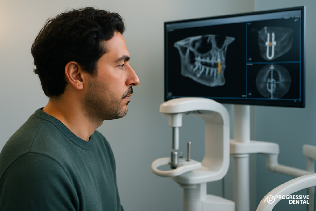 A man sits beside dental imaging equipment, looking at a monitor displaying dental X-rays and Oklahoma City dental implants images.