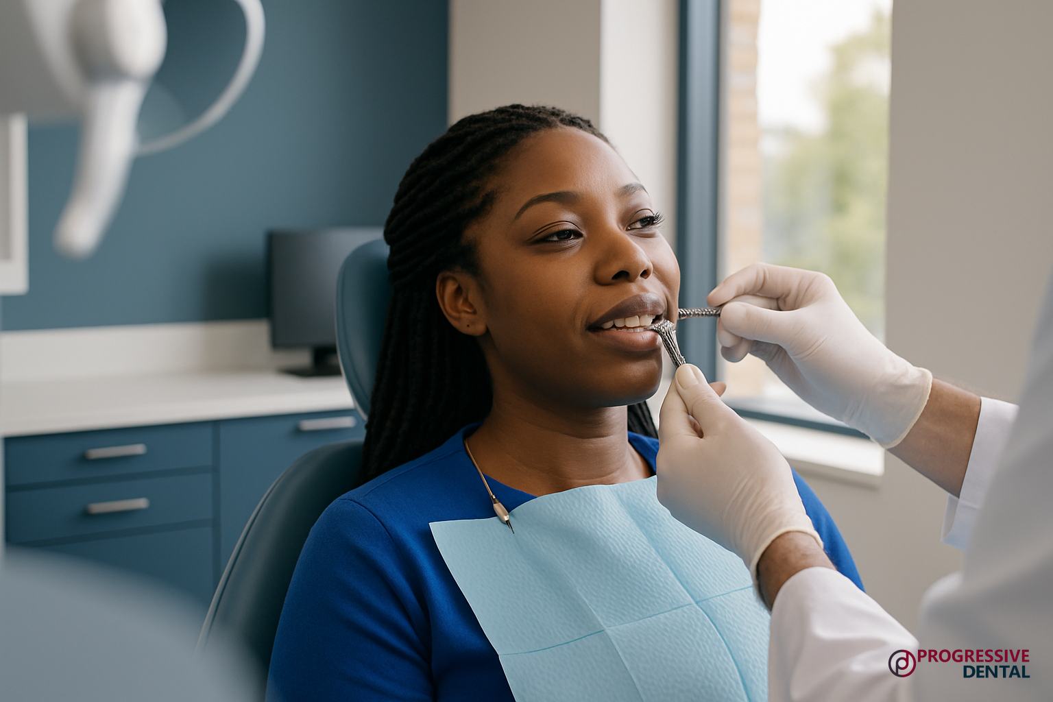 A woman sits in a dental chair while a dentist in gloves holds a dental shade guide to her teeth, ensuring the perfect match for Oklahoma City dental implants. The room has blue cabinets and a window. Logo reads “Progressive Dental.”.