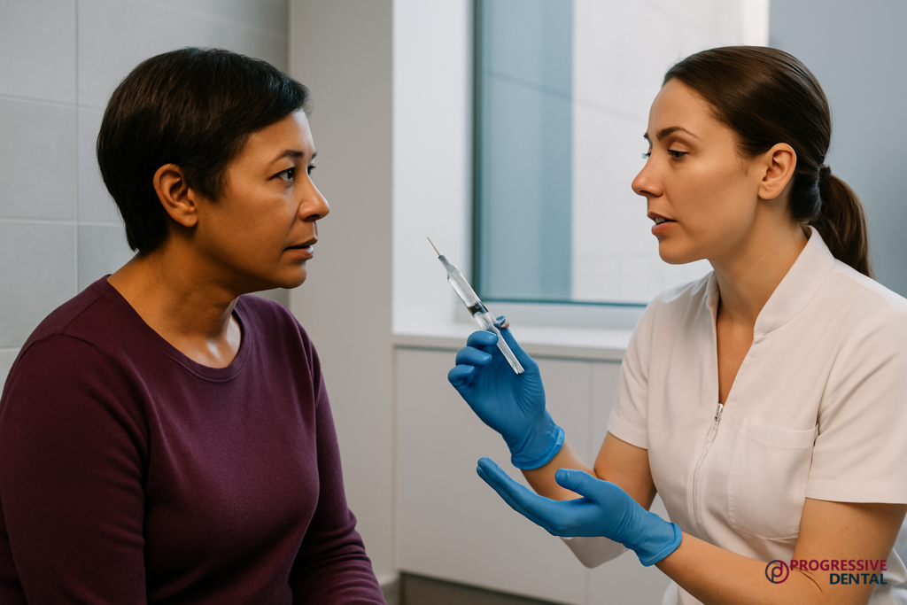 A dentist wearing gloves holds a syringe and explains a procedure to a patient seated nearby in a dental office, helping them understand what to expect during a cosmetic dental consultation.