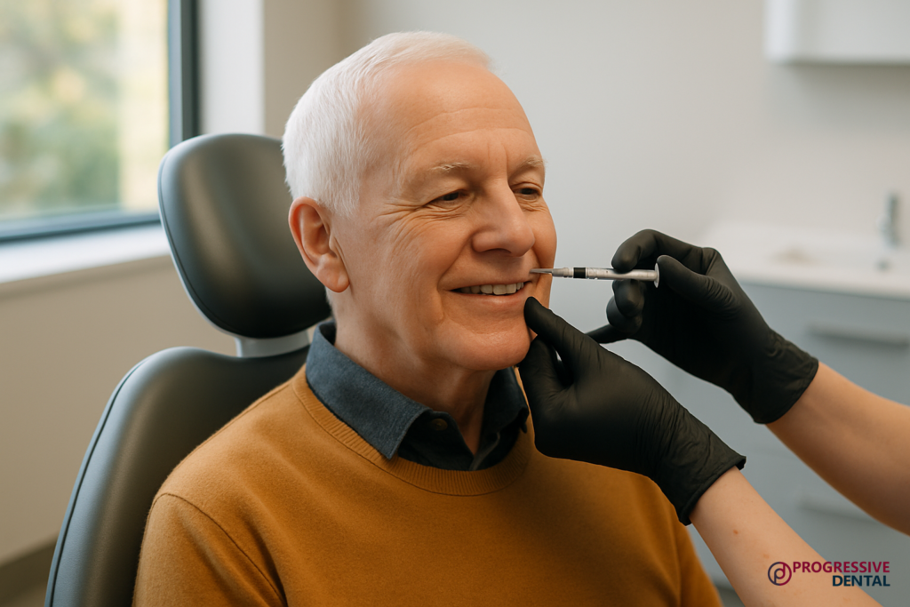 An older man sits in a dental chair and receives an injection near his mouth, exploring Oklahoma City cosmetic dentistry options with a professional in black gloves.