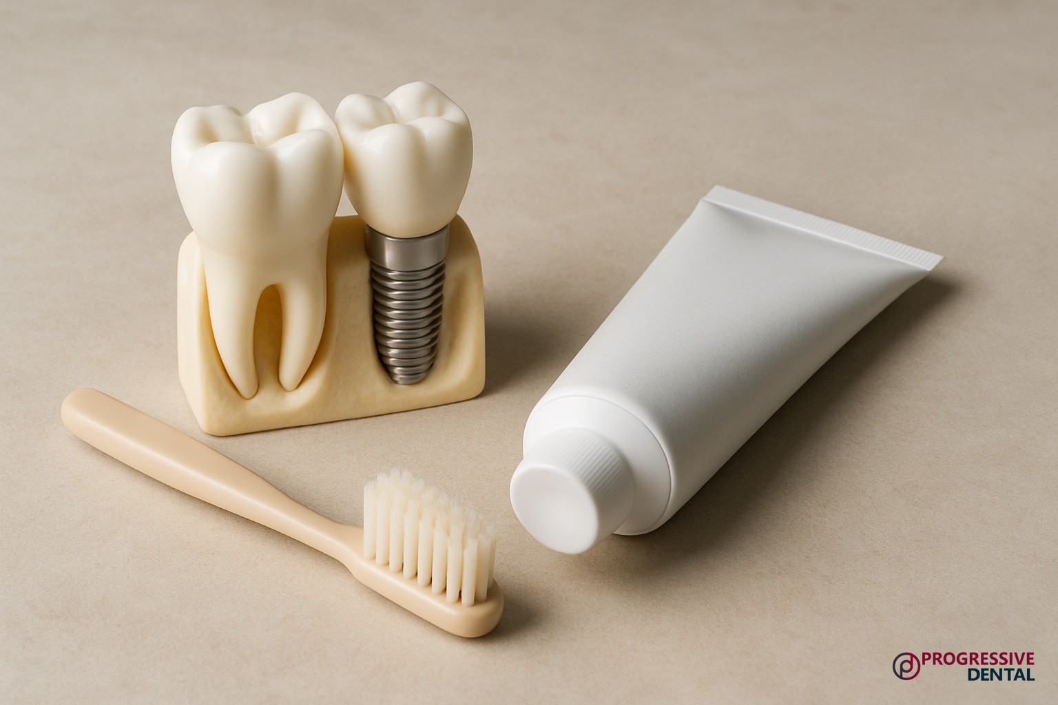 A toothbrush, toothpaste tube, and a dental model with an affordable dental implant are arranged on a beige surface.