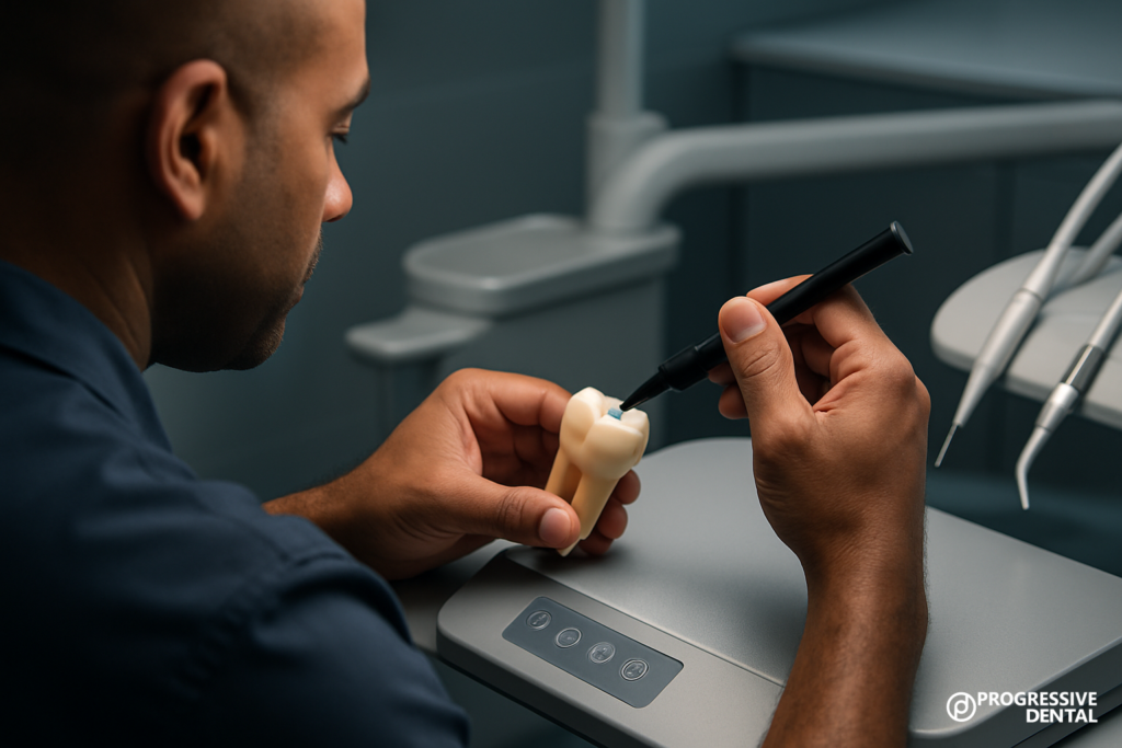 A dentist uses a tool on a tooth model in a dental office, with dental equipment visible in the background, demonstrating some of the Oklahoma City cosmetic dentistry options available to patients.