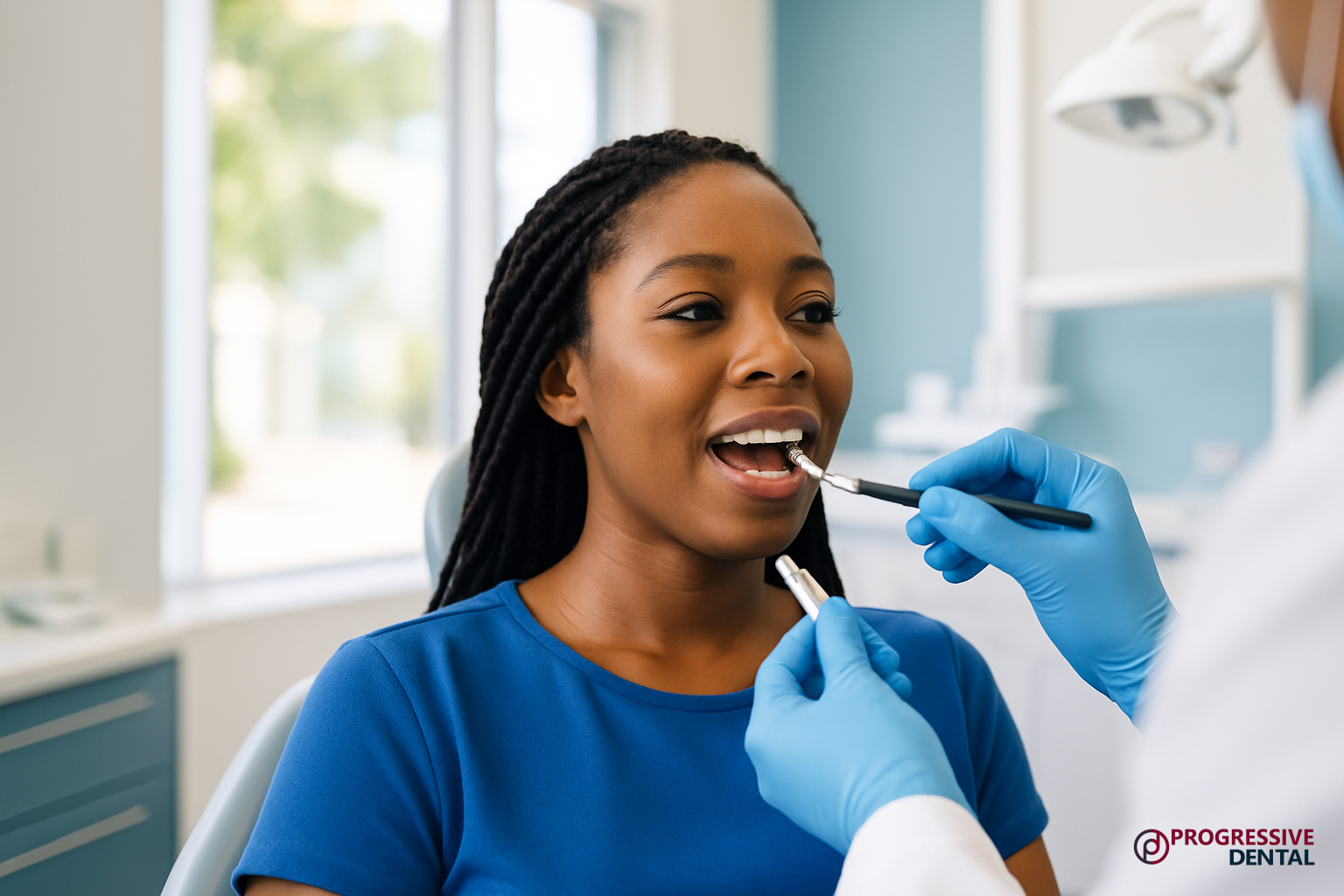 A young woman with braided hair sits in a dental chair while a dentist in blue gloves uses a tool to check her teeth, giving her an idea of what to expect during a cosmetic dental consultation.