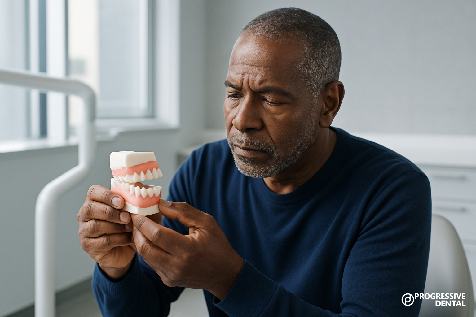 An older man examines a set of dental dentures in a dental office, exploring emergency dental care options for his needs. The logo “Progressive Dental” is visible in the bottom right corner.