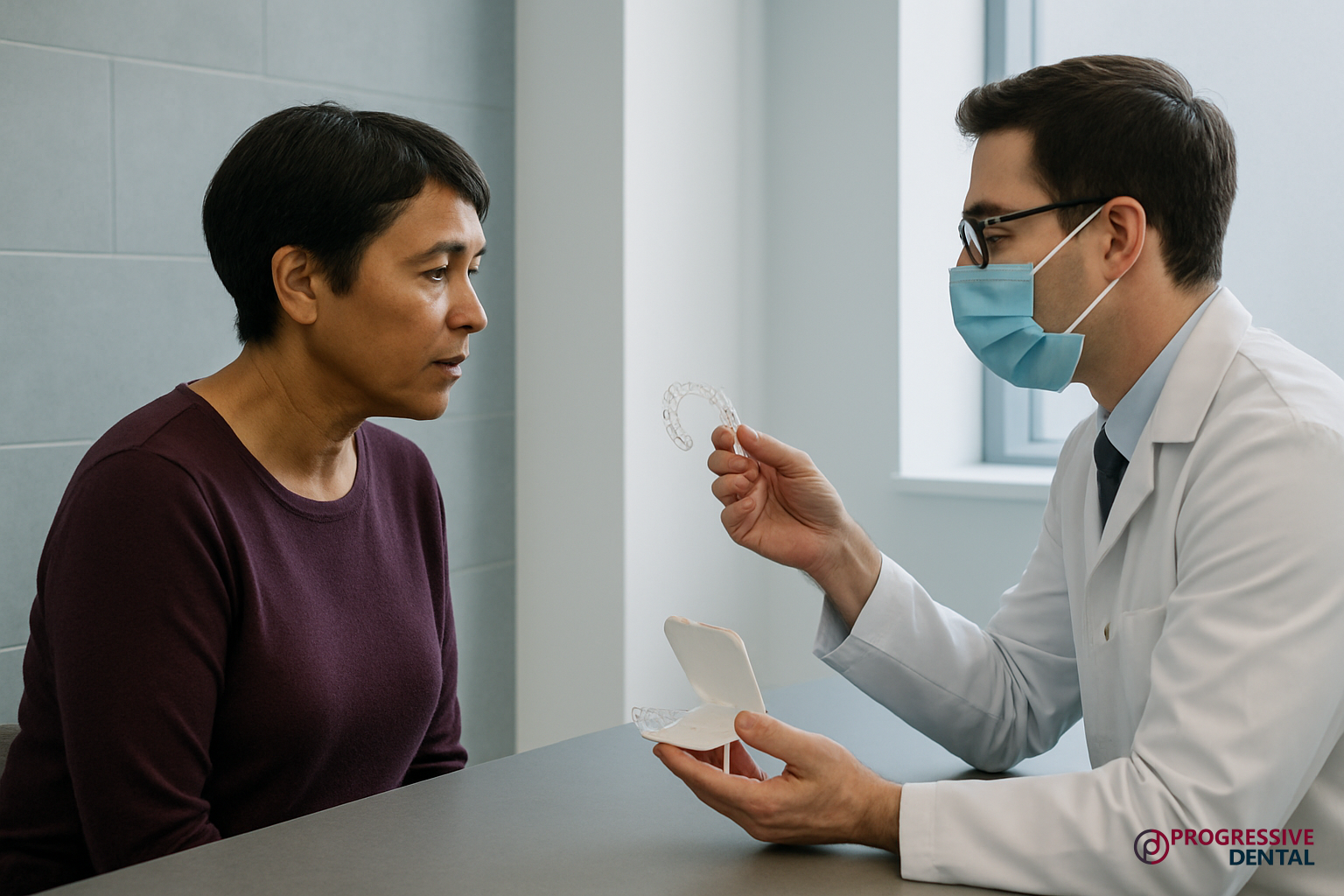 A dentist wearing a mask shows a clear dental aligner to a seated patient in a consultation room, helping them understand what to expect during a cosmetic dental consultation.