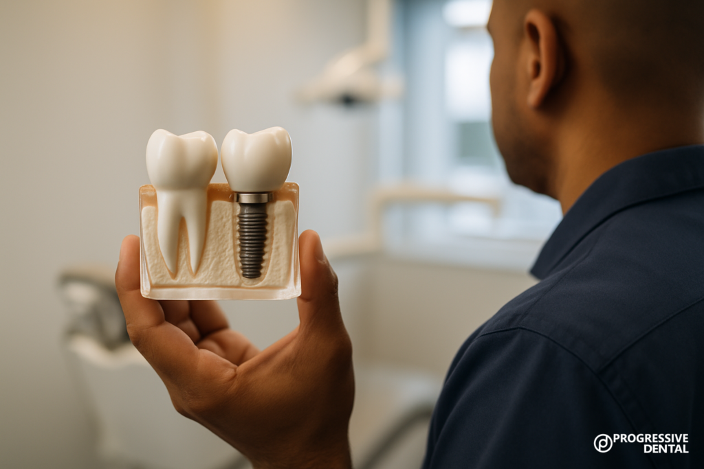 A person holds a dental model showing a natural tooth and an affordable dental implant, with a dental chair visible in the background.