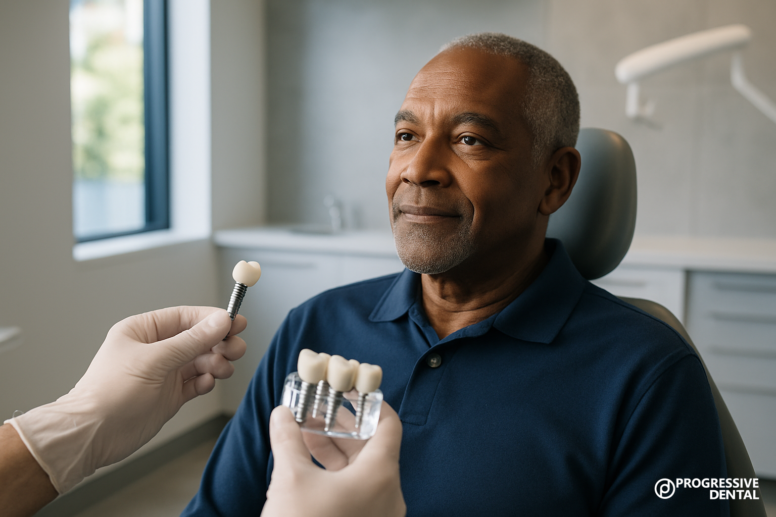 A dentist shows a dental implant model and tooth to a man seated in a dental office chair, explaining the benefits of affordable dental implants.