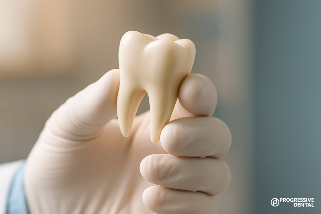 A gloved hand holds a large dental model of a tooth against a blurred background, with the “PROGRESSIVE DENTAL” logo in the corner, highlighting the importance of knowing your emergency dental care options.