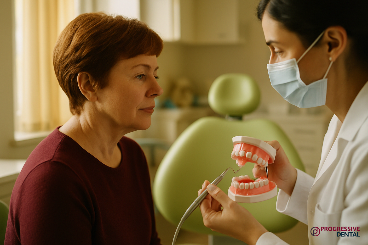 A dentist wearing a mask shows a dental model to a seated woman in a dental office, demonstrating the caring expertise found at an Oklahoma City children’s dentist. The “Progressive Dental” logo is visible in the bottom right corner.