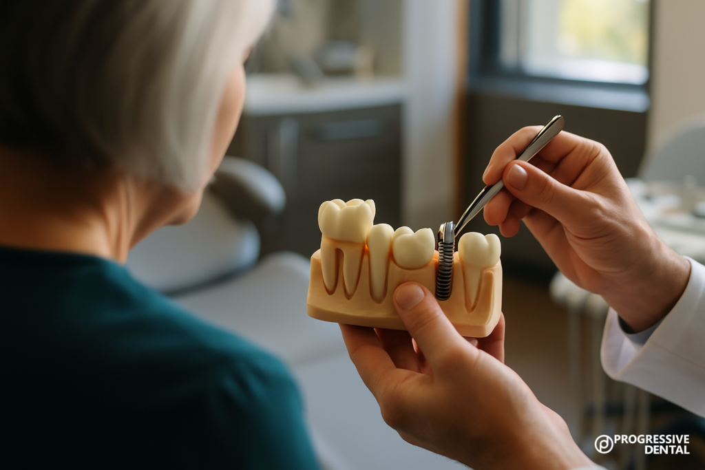 A dentist uses tweezers to demonstrate an Oklahoma City dental implant on a model of teeth to a patient in an office setting.