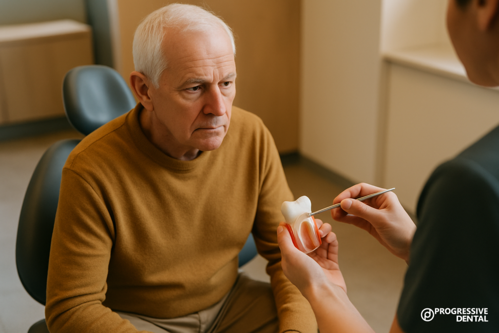 An older man sits in a dental chair while a dentist shows him a large tooth model and points at it with a metal tool, carefully explaining emergency dental care options.
