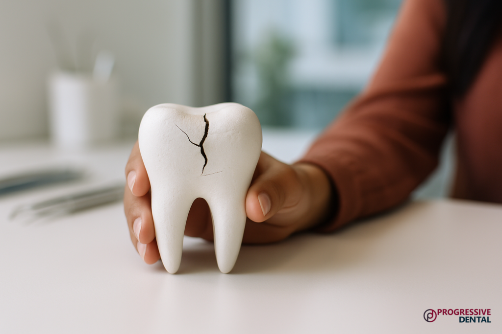 A person holds a large model of a cracked tooth at a dental office, with dental tools visible in the background—creating a realistic example of what to expect during a cosmetic dental consultation.