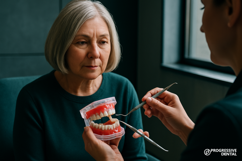A dental professional uses tools to demonstrate dental care on a model of teeth to an older woman sitting nearby, helping her understand what to expect during a cosmetic dental consultation.