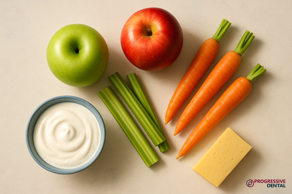 A green apple, a red apple, three carrots, three celery sticks, a bowl of yogurt, and a slice of cheese are arranged on a light surface—perfect examples of the healthy snacks recommended by your Oklahoma City children’s dentist.