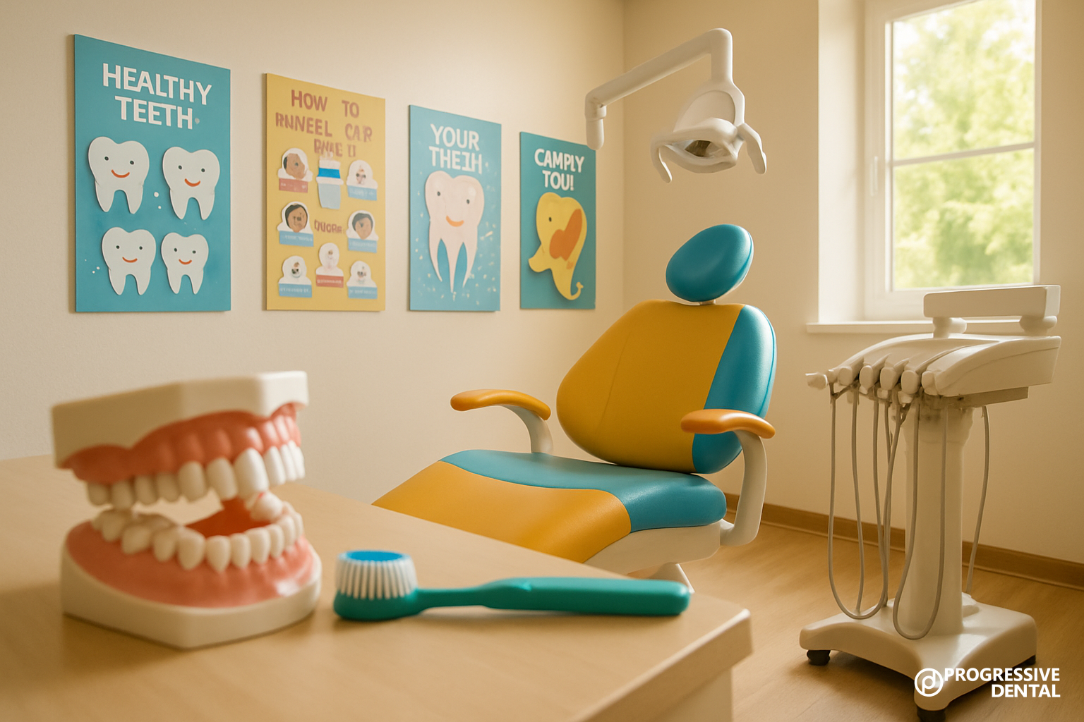 A brightly lit dental office with a yellow and blue chair, dental tools, a model of teeth, a toothbrush, and educational posters on the wall provides a welcoming space to help patients understand what to expect during a cosmetic dental consultation.