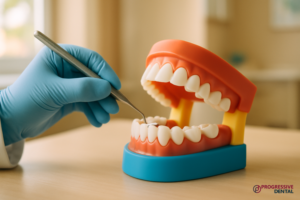 A gloved hand uses a dental tool to examine a model of human teeth on a table, demonstrating the gentle and thorough care provided by an Oklahoma City children’s dentist. The Progressive Dental logo is visible in the lower right corner.