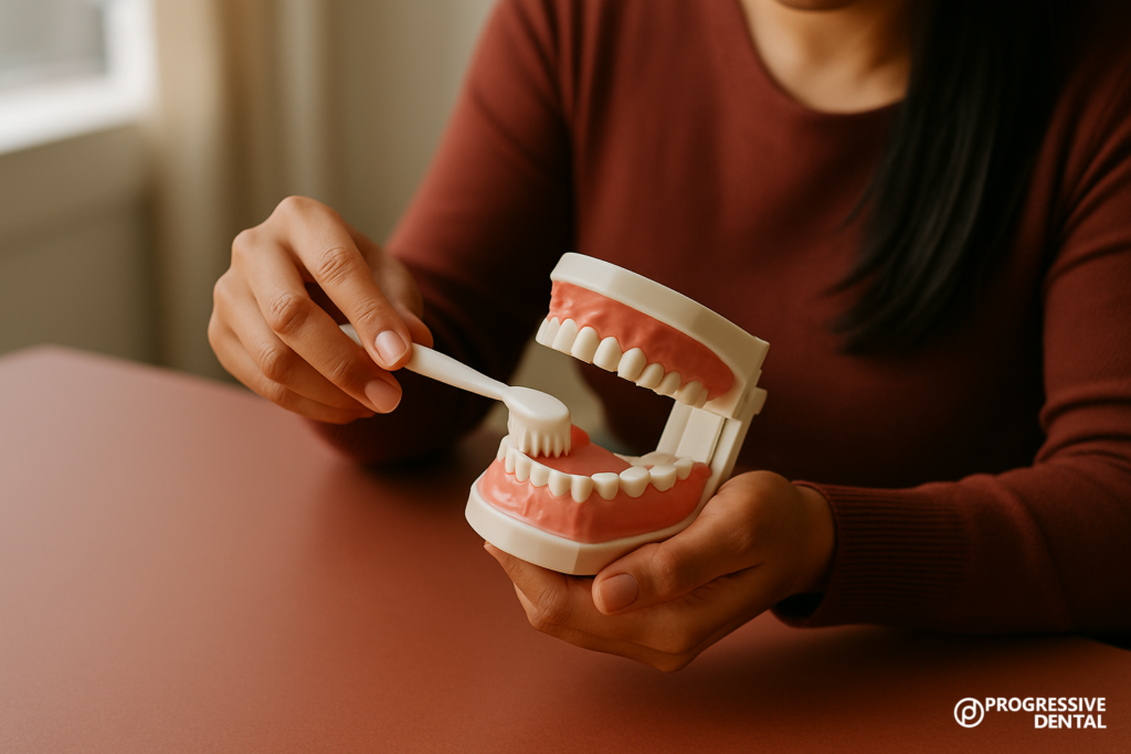 A person is seated at a table, demonstrating tooth brushing techniques on a plastic dental model with a toothbrush—an important step in daily hygiene that can help minimize the need for emergency dental care options.