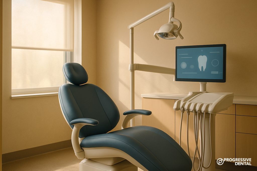 A modern dental exam room with a blue chair, advanced dental equipment, a computer displaying a tooth image, and sunlight streaming through a window—showcasing the welcoming environment where Oklahoma City cosmetic dentistry options are available for patients seeking beautiful, healthy smiles.
