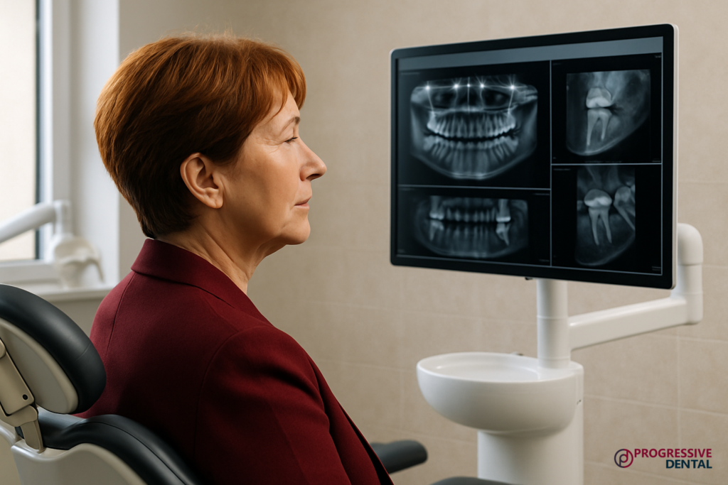 A woman sits in a dental office, looking at dental X-rays displayed on a monitor. The X-rays show various views of teeth and jaw, as the dentist discusses emergency dental care options tailored to her needs.