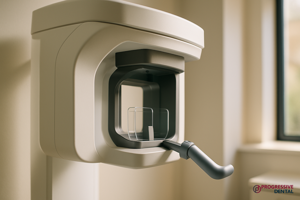 Dental panoramic X-ray machine in a clinic room with sunlight streaming in; learn what to expect during a cosmetic dental consultation at “Progressive Dental.”.