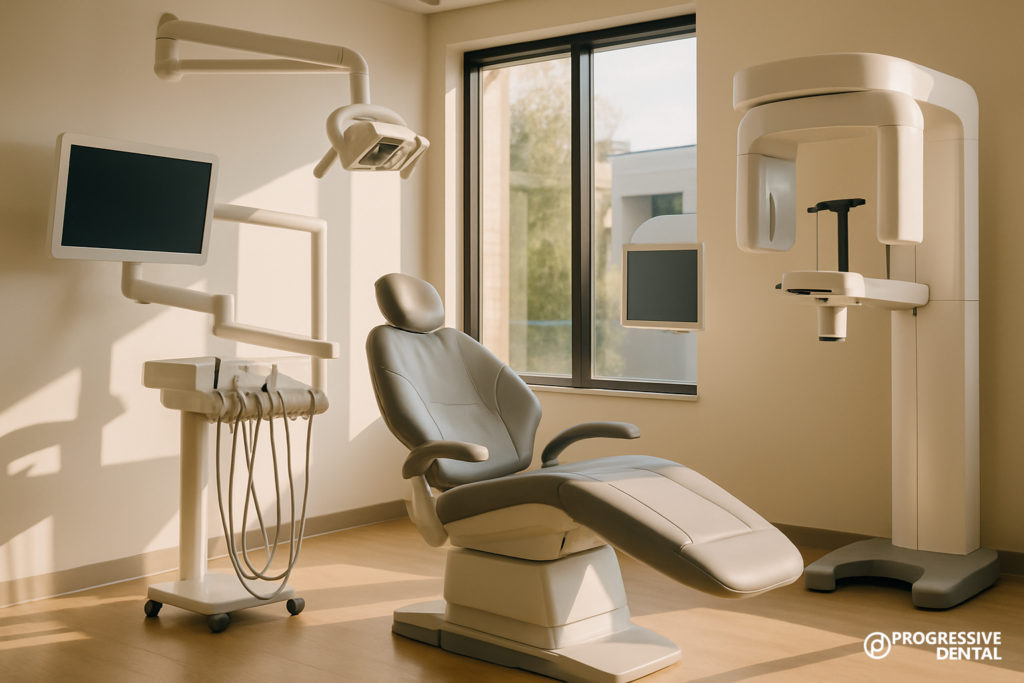 Dental examination room featuring a patient chair, dental equipment, and a digital X-ray machine used for Oklahoma City dental implants.
