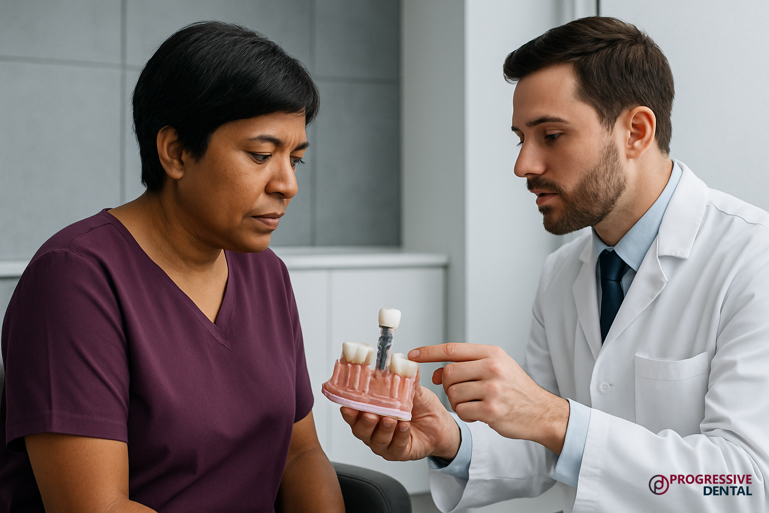 A dentist shows a dental implant model to a seated patient, explaining the affordable dental implants procedure in a clinical office setting.