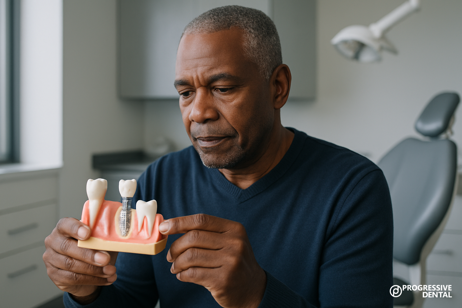 A dentist holds a model of an Oklahoma City dental implant showing the post and crown.