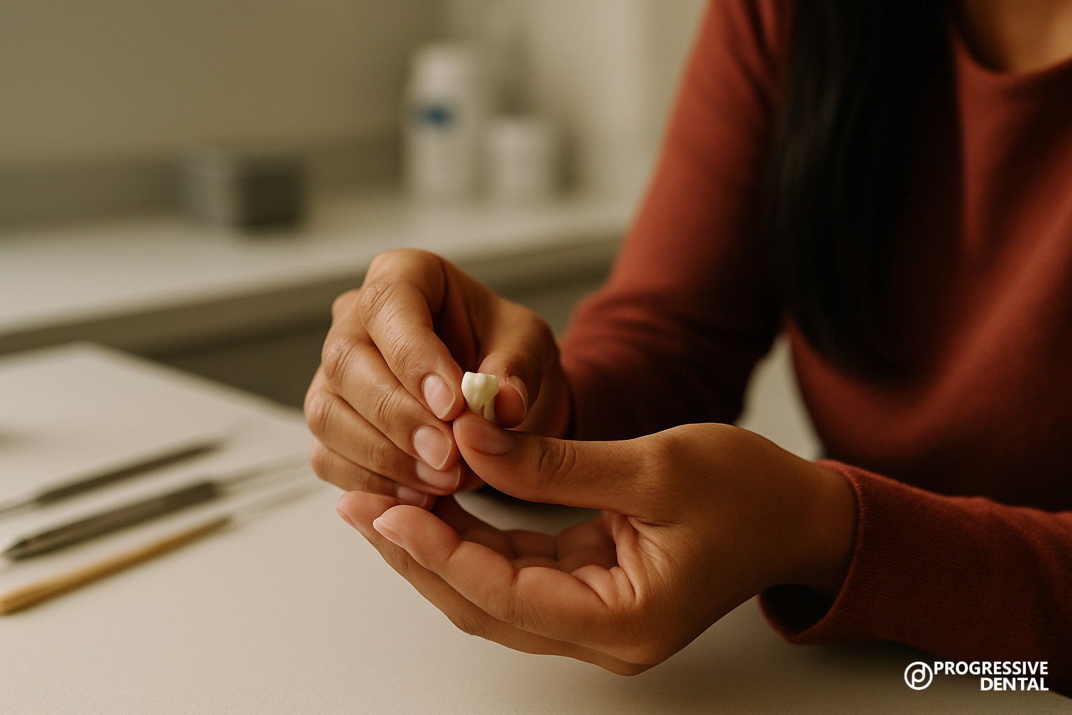 A person holding a dental crown, one of many Oklahoma City cosmetic dentistry options, between their fingers.