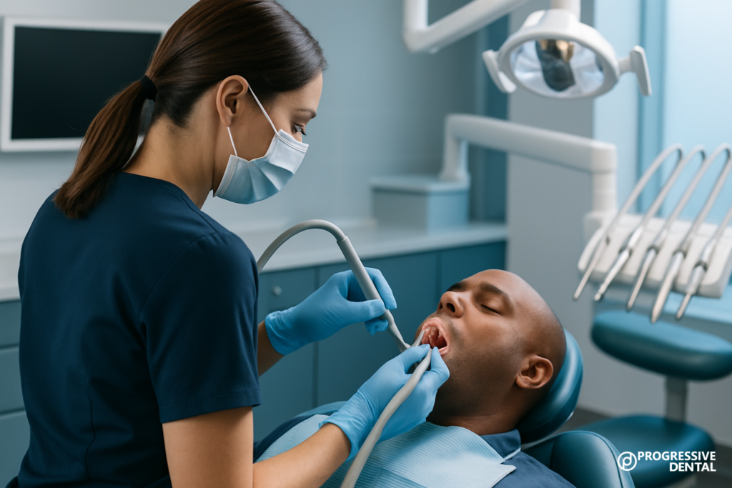 A dental professional in scrubs and a mask uses dental instruments while treating a patient, highlighting Oklahoma City cosmetic dentistry options in a modern clinic setting.
