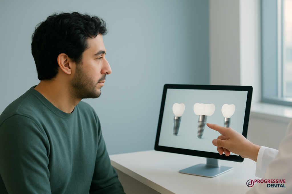 A dentist points to a computer screen showing a diagram of affordable dental implants while a patient looks on.